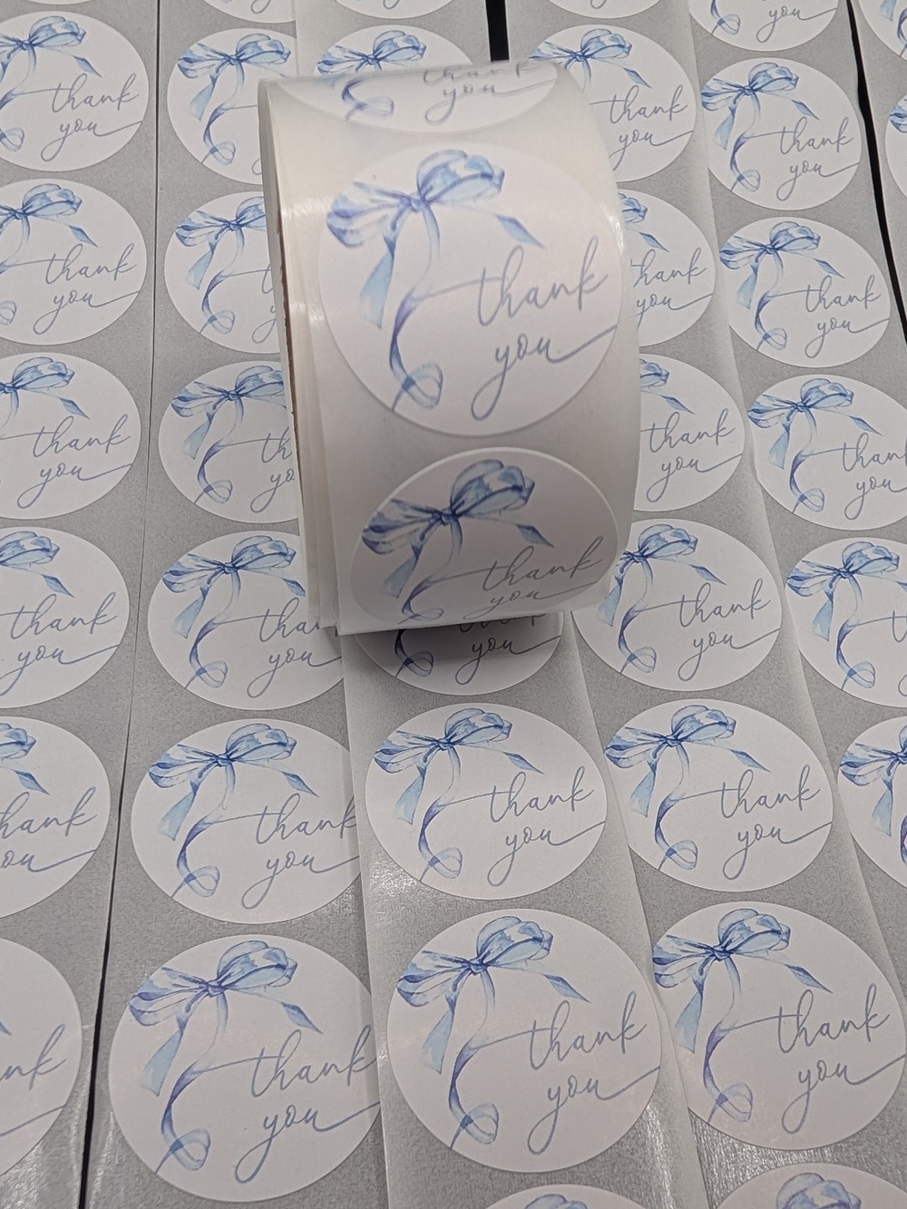 500 Count Thank You Round Sticker 1 Roll Blue Ribbon Bow Baby Shower Shipping